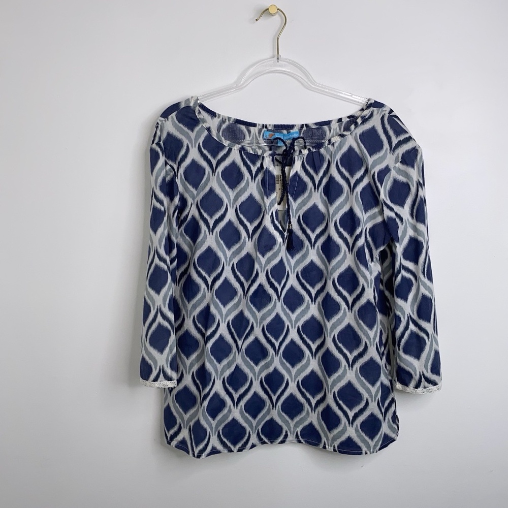 Tara Michelle Heidi Peacock Blue White Women's Blouse Sz L NWT Beach Bohemian